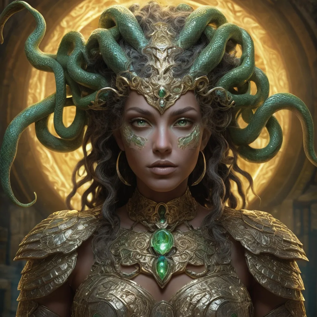 Prompt: A legendary-quality digital artwork of a 1200-year-old female gorgon in a mystical, ancient setting. She has an ethereal yet fearsome appearance with intricate snake-like hair that glows faintly green and gold. Her eyes shine with a mesmerizing, otherworldly light. She is adorned in ancient, elaborate armor with patterns resembling scales, and mystical symbols etched throughout. The background features a stone temple in ruins, surrounded by a dense, enchanted forest with glowing plants and mist. The atmosphere is dark and magical, with moonlight filtering through the trees, casting an eerie yet majestic glow.