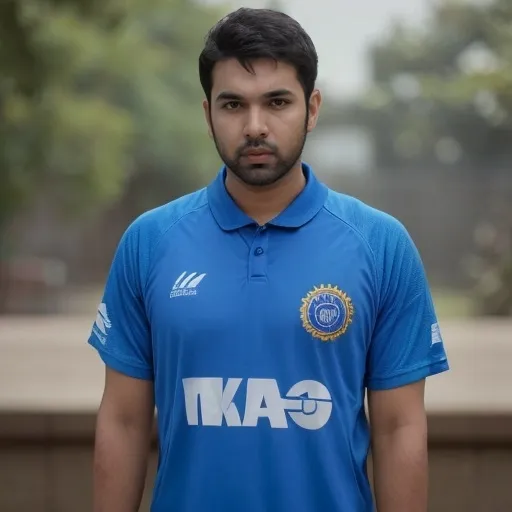 Prompt: Rohit Sharma is a dashing cricketer with an athletic build that speaks of his dedication to the sport. He stands tall at 5 feet 11 inches, with a well-defined jawline and piercing dark eyes that seem to bore into the very soul of the bowler as he takes his stance at the crease. His hair is styled in a sleek side-part, with the occasional hint of gray adding a touch of maturity to his otherwise youthful face. Rohit's skin is the warm brown of an Indian summer, with a light dusting of freckles across his cheeks and the bridge of his nose. His broad shoulders and strong arms are the envy of his peers, a testament to the countless hours he's spent honing his batting skills. He is often seen with a cricket bat in hand, his grip firm and confident, and a Mumbai Indians cricket jersey proudly displaying the number 45, his lucky number, on the back. When not on the field, Rohit can be found wearing a blend of street style and athletic comfort, often donning a crisp white t-shirt with the iconic blue and yellow Mumbai Indians logo.