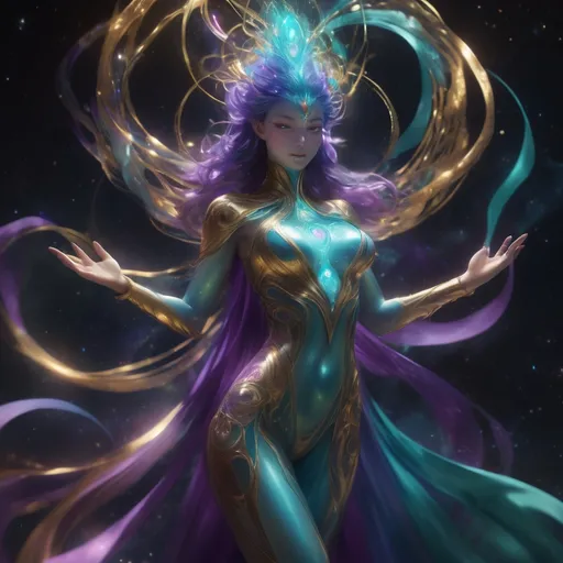 Prompt: "A radiant female Aetherborn, her translucent, opalescent body swirling with vibrant hues of violet, teal, and gold, stands at the center of a cosmic rift. Her form flickers with ephemeral light, constantly shifting as if made from living starlight. She manipulates threads of glowing aether with her elongated, delicate hands, weaving them into intricate patterns that ripple through the air like a celestial tapestry. Around her, fragments of shattered worlds float weightlessly, illuminated by a nebula that pulses with energy. Her eyes are twin galaxies, shimmering with wisdom and power, as she gazes into the infinite expanse."