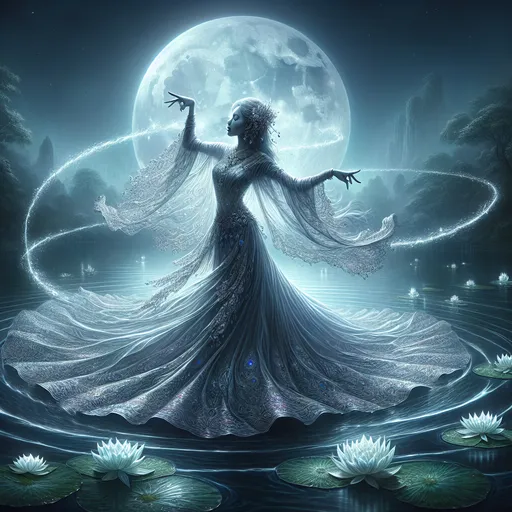 Prompt: "A graceful sorceress cloaked in silvery moonlight dances atop a serene lake under a full moon. Her flowing gown ripples like liquid starlight, and her delicate hands trace glowing sigils in the air. Around her, shimmering water lilies bloom, and spectral moonbeams form protective wards that pulse with calming energy."