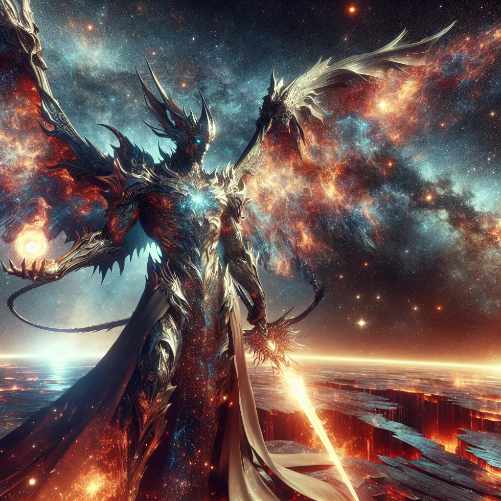 Prompt: "A towering humanoid figure with dragon-like features, cloaked in a mantle of burning stars, stands on a shattered celestial platform. Their wings, vast and shimmering with cosmic fire, stretch across the sky. In one hand, they hold a flaming sword that seems forged from the heart of a dying sun, and in the other, a glowing orb containing the essence of a distant galaxy."