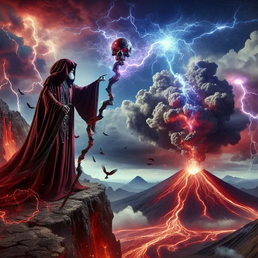 Prompt: "A shadowy warlock clad in flowing crimson robes stands on a jagged cliff surrounded by an erupting volcano. He raises a staff made of blackened bone, its tip glowing with a chaotic, swirling energy. Above him, the skies churn with storm clouds pierced by streaks of blood-red lightning, while below, molten lava surges and spirals into arcane symbols."