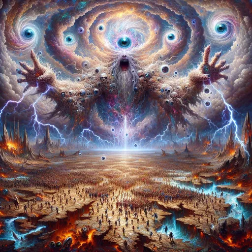 Prompt: "A colossal elemental being made of swirling storm clouds and crackling lightning looms over a shattered battlefield. Its eyes are glowing vortexes of pure energy, and its hands summon massive bolts of lightning that arc across the sky. Below, armies of mortals scatter as gale-force winds whip through the chaos."