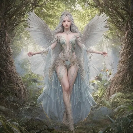 Prompt: Lilael Thistlewind is a vision of ethereal beauty, with skin as pale and luminescent as moonlit dew and hair that flows like a river of shimmering emerald leaves. Her eyes are a mesmerizing mix of gold and topaz, reminiscent of the first light of dawn breaking through the dense canopy of an ancient forest. Standing at a mere four feet tall, she possesses the slender, graceful frame of a creature born of the air and bred for flight. Her delicate wings are a masterpiece of nature's craftsmanship, made of a transparent film that refracts light into a kaleidoscope of greens and golds when she moves. Each wing is adorned with a dusting of silver stardust, giving the illusion of a thousand tiny stars fluttering in her wake. Her attire is equally enchanting, consisting of a gossamer gown that shifts colors with the seasons, woven from the silk of rare moonlit caterpillars found only in the most secluded glens. Around her neck hangs an amulet made of a single, iridescent teardrop pearl, said to hold the essence of a long-forgotten moon goddess. A crown of intertwined thistles and silver vines sits atop her head, a symbol of her status as the guardian of the enchanted forest she calls home. Her feet are bare, allowing her to feel the vibrations of the earth and the whispers of the flora beneath her as she flits from place to place.