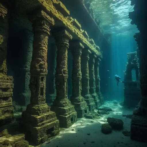 Prompt: Forgotten Underwater Temple
"An ancient, crumbling temple submerged deep beneath the ocean, its stone walls covered in glowing algae and coral. Shafts of sunlight pierce the water, illuminating towering statues of long-forgotten deities. Schools of vibrant fish swim through the scene, their movements reflecting the shimmering light. A diver hovers in awe near an open doorway, from which a faint, golden light emanates, hinting at the secrets within. The mood is mysterious and serene, with hyper-detailed aquatic textures."