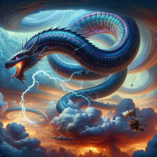 Prompt: "A massive sky serpent with scales that reflect the hues of a storm emerges from a swirling maelstrom of clouds. Lightning arcs between its coiled body as it roars, splitting the heavens with its deafening cry. Below, an airship crew stares in awe and terror as the colossal creature descends, dwarfing their vessel."