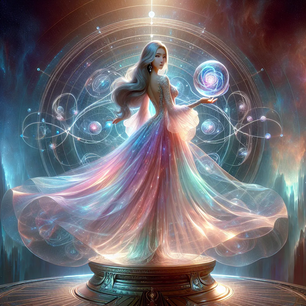 Prompt: "A graceful female Elaraan, her skin shimmering with a soft, iridescent glow like the surface of a pearl, standing on a floating platform amidst an endless cosmic expanse. Her hair, a cascade of flowing starlight, moves as if caught in an unseen current. She wears a flowing gown made of translucent material that refracts light into a spectrum of colors, adorned with constellations that shift and dance across the fabric. In her hands, she holds a delicate, spiraling staff tipped with a crystalline orb, within which a miniature galaxy swirls. Behind her, towering arches of celestial energy pulse and hum, forming a gateway to the unknown."