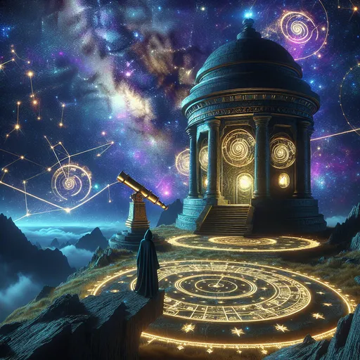 Prompt: Ancient Celestial Observatory "An ancient observatory perched on a mountain peak under a vivid night sky filled with swirling galaxies and stars. The structure is carved from dark stone, with massive golden telescopes and intricate constellations etched into the walls. Glowing runes encircle the base of the observatory, pulsing faintly as if alive. A hooded figure stands at the edge, gazing through a telescope, their silhouette illuminated by the cosmic glow. The scene is mystical and grand, emphasizing the beauty of the heavens and the ancient architecture."