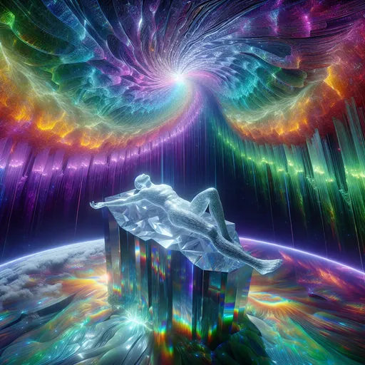 Prompt: "A being made entirely of crystal lies in serene repose atop a floating shard of glowing quartz. Their form refracts the light into vibrant rainbows, creating cascading auroras in the void around them. Above, a swirling, kaleidoscopic sky reflects their dream, depicting a utopian world of gleaming spires and endless beauty."