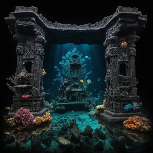 Prompt: Obsidian Sunken Sanctuary
"Deep underwater, an ancient sanctuary carved from black obsidian rises from a seabed of luminous, multicolored coral. Intricate carvings of sea creatures and forgotten runes adorn its towering walls. Massive, bioluminescent jellyfish drift lazily around the sanctuary, casting ethereal glows across the dark waters. At the center of the structure, a shattered obelisk floats in a slow spin, its pieces held together by swirling streams of golden energy. Schools of shimmering fish weave through the ruins, and the distant sound of whale song echoes faintly. The mood is mysterious and tranquil, with hyper-detailed textures on the obsidian, coral, and glowing marine life."