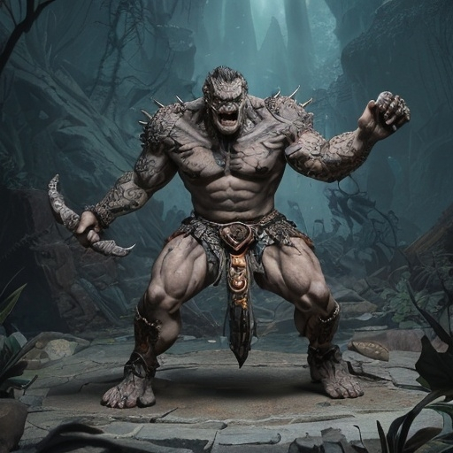 Prompt: Grimgul Stonefoot is a hulking creature, standing at 7 feet tall with a muscular build and a greenish-gray, reptilian complexion that blends almost seamlessly into the damp cavern walls of his subterranean home. His eyes, piercingly bright in the dark, have adapted to the dim light, reflecting an eerie luminescence. A set of sharp, jagged teeth are perpetually bared, hinting at the fierce nature of his kind. His body is adorned with intricate tattoos and piercings made from the bones of his enemies, each telling a story of survival and conquest. His gait is surprisingly quiet for his size, a product of his evolution in a world where stealth can mean the difference between a feast and becoming one.