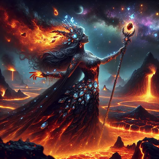 Prompt: " A beautiful yet deadly female Fire Genasi, A creature made of living magma and obsidian, wearing obsidian armor encrusted with diamonds glowing with the cracks of magma flowing from her body, holding a fiery staff made of platinum topped with a jasper orb. The Fire Genasi stands near an open pool of lava, serene and calm with pockets of smoke bubbling from within. The sky is late evening and there is many constellations, galaxies and stars above."