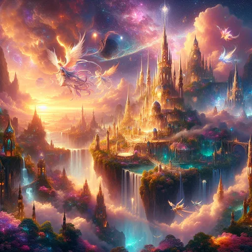 Prompt: "A breathtaking fantasy art masterpiece showcasing a majestic kingdom perched atop a floating island surrounded by glowing clouds. towering spires and intricate architecture glisten with enchanted golden light, while cascading waterfalls flow endlessly into a vast, shimmering abyss. A radiant, otherworldly sky filled with hues of pink, purple, and orange paints a dreamy backdrop, Ethereal creatures, such as soaring phoenixes and shimmering dragons, glide gracefully through the air. Lush, magical flora blooms in vibrant colors across the landscape, adding a touch of mysticism. The scene exudes an aura of wonder, adventure, and the limitless possibilities of a fantastical realm."