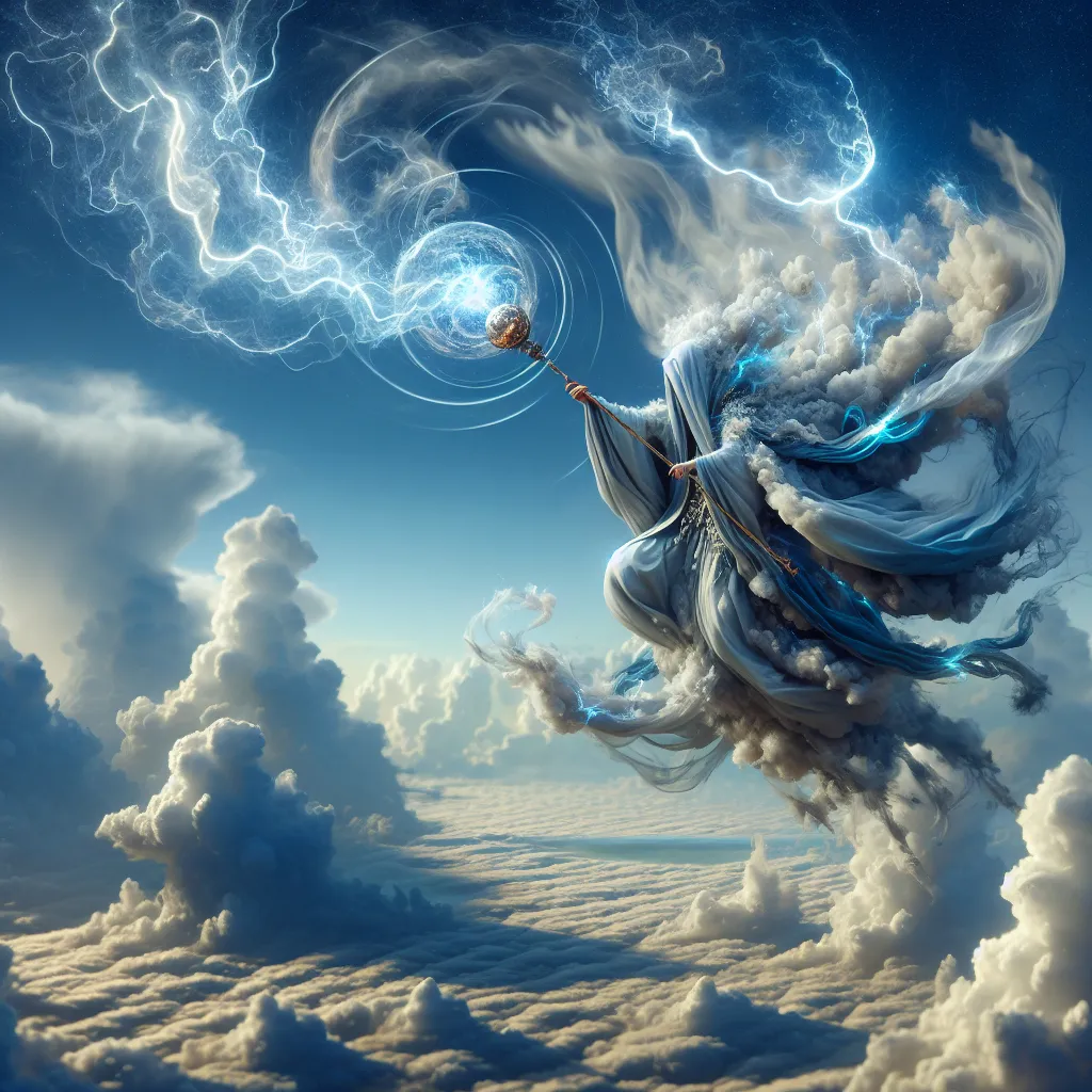 Prompt: "A mystical figure floats high above the clouds, their robes trailing into swirling winds of white and blue. In their hands, they hold a staff crowned with a spinning orb of air and lightning. As they move, the skies ripple with magical energy, summoning storm clouds and bolts of lightning to reshape the heavens."