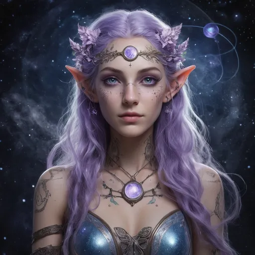 Prompt: A 350-year-old Astral Elf with lilac glowing skin and twin galaxy eyes sports long starlit hair and ancient constellation tattoos on her elvish frame, floating in starlight attire, her Aetheric craftswoman skills reflecting her legendary lineage, a survivor of The Great Eclipse with a curious gaze and childlike wonder, she exudes boundless empathy, gentle demeanor, and warm aura, often flashing radiant smiles, subtly humorous, and aglow with Aetheric energy.