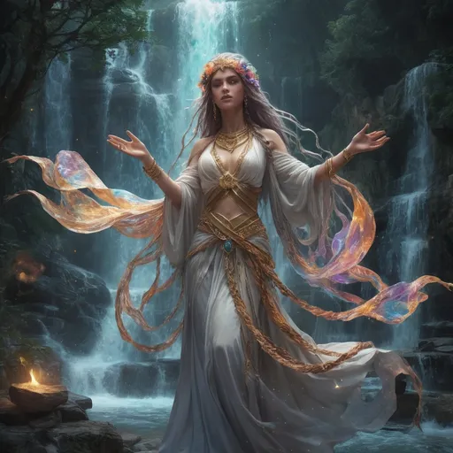 Prompt: In a realm where magic weaves through the very fabric of existence, the Female Magi stand as powerful guardians of arcane knowledge and mystical prowess. Draped in flowing robes that shimmer with the colors of the cosmos, they command the elements with grace and authority. Their hair, often cascading like waterfalls of light, is adorned with intricate braids and ethereal charms that enhance their magical abilities. Each Magi possesses a unique affinity—some harness the fierce flames of fire, while others commune with the whispering winds or the quiet strength of the earth. With eyes that gleam like stars, they see beyond the ordinary, perceiving the hidden threads of fate that bind all living things. In their sacred sanctuaries, ancient tomes and enchanted artifacts line the walls, each holding secrets long forgotten. The Female Magi not only wield their magic to protect their realms from dark forces but also to heal the land and its inhabitants. They are revered as wise mentors, guiding aspiring sorceresses and offering counsel to those in need. Yet, beneath their serene exteriors lies an unyielding spirit, forged through trials and tribulations, as they navigate the complexities of a world filled with intrigue and danger. In the dance of spells and the hum of incantations, the Female Magi embody a legacy of strength, wisdom, and the profound connection between the mystical and the mundane.