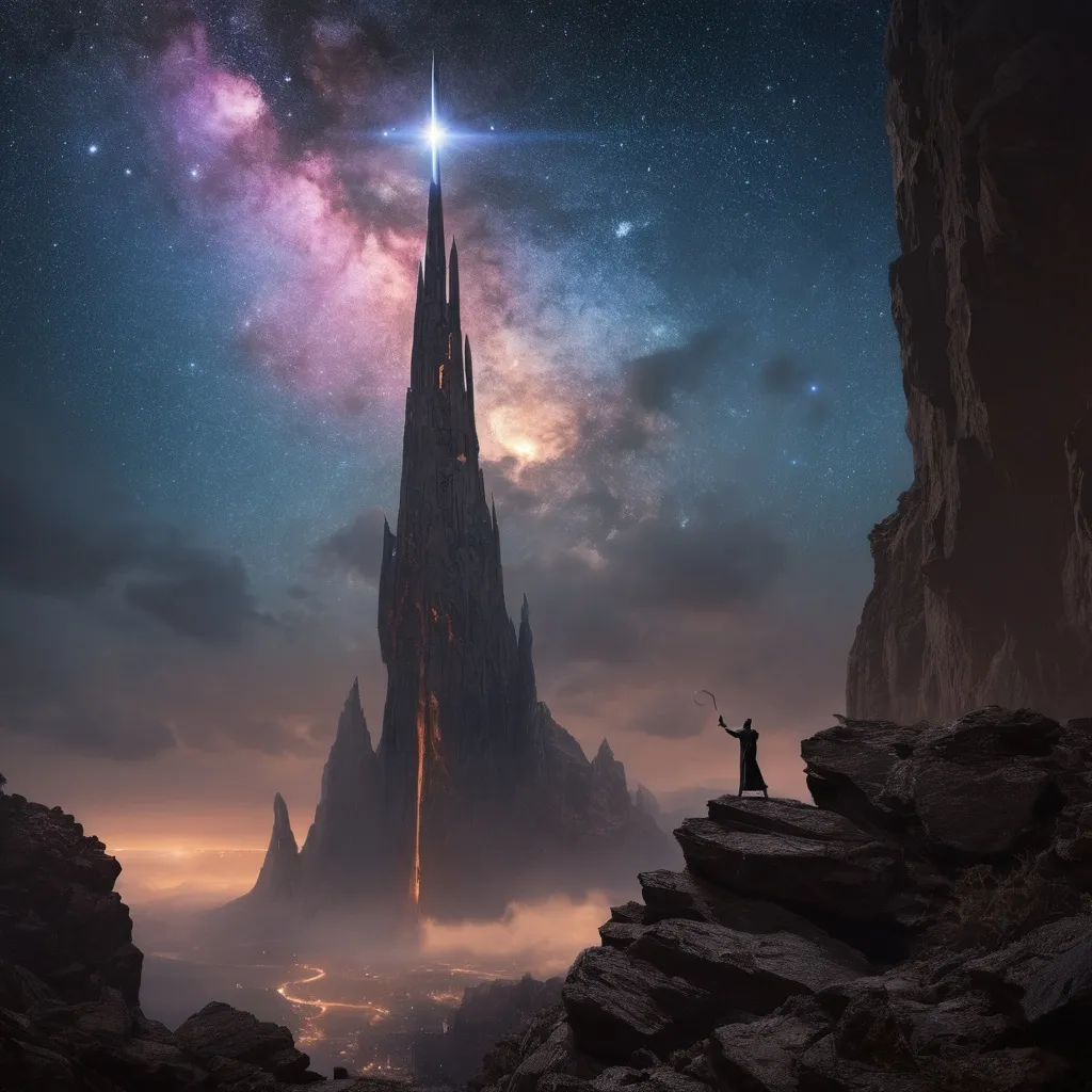 Prompt: The Watcher’s Celestial Spire
"Perched atop a rocky cliff under a swirling nebula, a towering spire of dark obsidian reaches toward the cosmos. The spire is adorned with glowing, arcane symbols that pulse in rhythm with distant celestial bodies. At the very top, a colossal figure—the Watcher—stands cloaked in shadow, its eyes emitting beams of light that carve through the nebula and illuminate the void. Around the base, floating platforms orbit the spire, each carrying smaller structures resembling shrines and observatories. The nebula above is alive with movement, its vivid purples, blues, and golds forming a luminous halo around the spire. The mood is otherworldly and foreboding, with intricate details on the spire’s surface, the celestial Watcher, and the dynamic interplay of light and shadow."