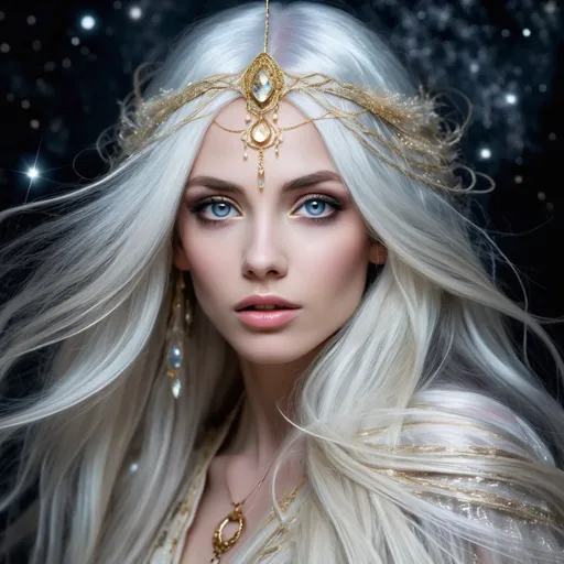 Prompt: Aria Elianore is a Magi, a rare and ancient species known for their ethereal beauty and enigmatic aura. Her skin is the color of moonlit quartz, glowing faintly with a soft luminescence that seems to dance in the shadows. Her long, flowing hair is a tapestry of silver and gold threads, woven with whispers of the cosmos. Her eyes, the vibrant hue of a distant nebula, sparkle with an eternal curiosity and wisdom that belie her youthful appearance. Standing tall at six feet, Aria is slender yet athletically built, with a grace that suggests she could navigate the most treacherous astral landscapes as easily as a fish in water. Her fingers are adorned with delicate rings that house miniature planets, their gravity subtly influencing her spells. Her attire is an amalgamation of the finest materials from various planes of existence: silk woven from the webs of interdimensional spiders, feathers from the wings of celestial birds, and metal forged from the heart of a dying star. Her clothing shifts colors and patterns, reflecting the ever-changing moods of the cosmos. A tattoo of an intricate constellation spirals from her left shoulder to her right hip, hinting at her lineage and her deep connection to the fabric of the universe.