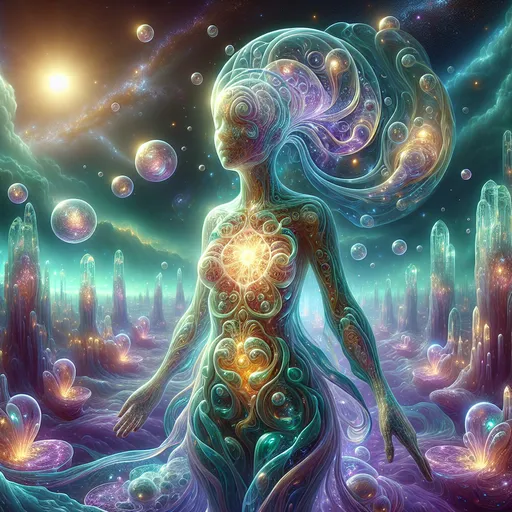 Prompt: The Shapeshifting Luminary
"A mesmerizing female plasmoid, her translucent, gel-like form shimmering with swirling colors of violet, teal, and gold. She stands in a radiant alien landscape filled with glowing crystal spires and floating orbs of light. Her semi-liquid body flows gracefully, forming elegant, humanoid contours with delicate, shifting appendages. Embedded within her core is a pulsing, luminous heart of pure energy, casting soft light around her. Her 'clothing' is formed from her own shifting material, taking on intricate, decorative patterns that constantly change. Around her, floating tendrils of bioluminescent flora sway in sync with her movements, and the sky above glows with twin suns and a sea of stars."