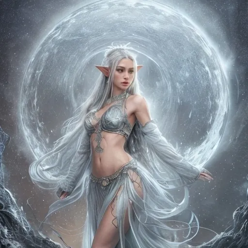 Prompt: Ciara, the Whispering Wind, is a vision of ethereal beauty. With skin that seems kissed by moonlight, she possesses an almost translucent quality, revealing a delicate network of veins beneath. Her eyes are a piercing, luminescent blue that reflect the very essence of the starlit sky. Standing at an average height for a half-elf, her slender frame is accentuated by the flowing, diaphanous garments she often dons, leaving little to the imagination and often causing whispers of awe and envy to follow in her wake. Her long, silver hair cascades down her back like a river of molten moonbeams, and is frequently adorned with feathers and beads that dance with every graceful movement. Her pointed ears, a clear indication of her elven heritage, are adorned with intricate silver rings that shimmer with arcane energy. Her are firm and high, a result of both her elven genes and her rigorous training, and they are barely concealed by the strings of her top, which seem to float around them like a gentle embrace. Her stomach is toned and flat, leading to a pair of hip-hugging shorts that leave her lower abdomen exposed, showcasing the intricate tattoo of a stylized wind pattern that swirls down to her thighs. Her legs are long and powerful, hinting at her incredible speed and agility. Ciara's feet are bare, allowing her to feel the earth's pulse beneath her as she moves with the grace of the very air she commands.