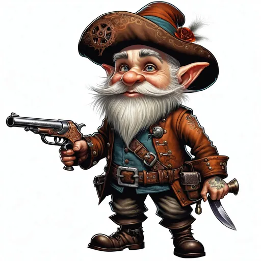 Prompt: Thistlebright Flintlock is a gnome of small stature, standing at a mere 3'6" tall, yet his presence is as formidable as the ancient forges of his kin. His skin, a rich copper hue, is etched with tattoos of intricate gears and mechanical designs, a testament to his lineage of master tinkerers. His eyes, a piercing shade of emerald, are ever-curious, darting about as they scrutinize the world around him. His beard, a wild thicket of auburn hair, reaches his belt, meticulously groomed and braided with fine metallic wires that twinkle in the light, hinting at the inventions hidden within. Thistlebright's attire is a harmonious blend of practicality and flair. He adorns a leather apron, stitched with countless pockets for his tools, over a tunic of deep purple and gold, the colors of his prestigious engineering guild. His trousers, a robust shade of brown, are tucked into sturdy boots that have seen centuries of wear and still gleam from the meticulous care of their owner. His fingers, thick with calluses from years of crafting, are adorned with rings of various metals, each holding a tiny, whirring gadget that serves a unique purpose.