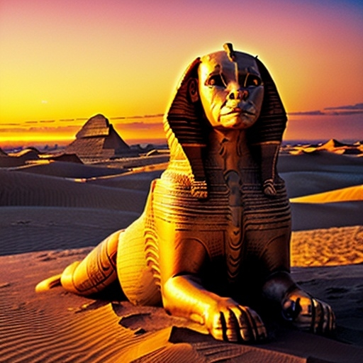 Prompt: One evening, as the sun dipped below the horizon, painting the sky in shades of gold and crimson, the Sphinx called her to the top of the highest dune. "Leona, the time has come for your final test."