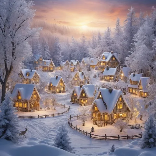 Prompt: Enchanted Winter Village
"A cozy, snow-covered village nestled in a magical forest of glowing, frost-covered trees. Each house emits a warm, golden light from its windows, with curling smoke rising from the chimneys into the starlit sky. Elusive creatures resembling deer made of shimmering ice roam the outskirts. At the village square, a massive, enchanted tree stands adorned with sparkling crystals and bioluminescent lights. The atmosphere is serene and enchanting, with fine details on the snowflakes, the glowing trees, and the frosty architecture."