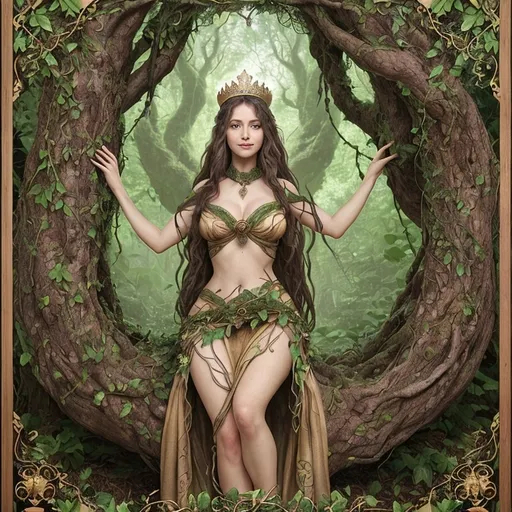 Prompt: Arborea Whisperwind, a majestic treant with an ancient soul, stands tall at fifty feet, her bark a rich tapestry of greens and browns, mottled with the whispers of a hundred seasons. Her branches, laden with leaves of emerald and gold, sway gently in the breeze, revealing the intricate carvings that weave through her wooden frame. A crown of ivy adorns her head, hinting at her connection to the forest's deepest secrets. Her eyes, twin pools of softly glowing amber, peer out from within the bark that forms her face, holding the warmth and wisdom of countless generations. Her mouth, a gentle curve of bark and foliage, often breaks into a knowing smile that seems to hold the very whispers of the leaves themselves. Her body is robust yet elegant, with a trunk that widens gracefully before branching into powerful limbs that end in hands of intertwined roots, capable of both delicate artistry and fierce protection. Her feet, a network of thick, gnarled roots, anchor her to the earth, drawing strength and sustenance from the soil. The air around her is always alive with the scent of damp earth and blooming flora, a testament to her vibrant essence.