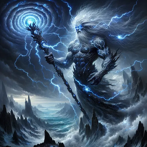 Prompt: The Demigod of Eternal Storms
"A colossal demigod stands atop a jagged, mist-shrouded mountain peak, commanding the fury of an eternal storm. The demigod is a towering figure with rippling, weathered muscles etched with glowing celestial runes that pulse with electric energy. Their eyes are orbs of radiant blue, crackling with lightning, and their long silver hair billows wildly in the tempestuous winds. In one hand, they hold an enormous spear crafted from polished obsidian and imbued with streaks of glowing lightning that arcs across its length. The other hand is raised, summoning a vortex of swirling storm clouds above, with bolts of lightning spiraling outward to illuminate the darkened sky. Around their shoulders flows a shimmering cloak of stormclouds, its edges flickering with electric sparks.

The surrounding landscape is a stark contrast: jagged, weathered cliffs carved by centuries of rain and wind, and a swirling sea of turbulent waves below, crashing against the rocks with primal fury. The horizon is a mix of swirling blacks, deep purples, and vivid blues, illuminated intermittently by the brilliant flashes of lightning. Above, constellations faintly twinkle between breaks in the storm, a reminder of the demigod’s celestial origin. The scene radiates both awe and dread, capturing the raw power and divine majesty of this mythical being."

