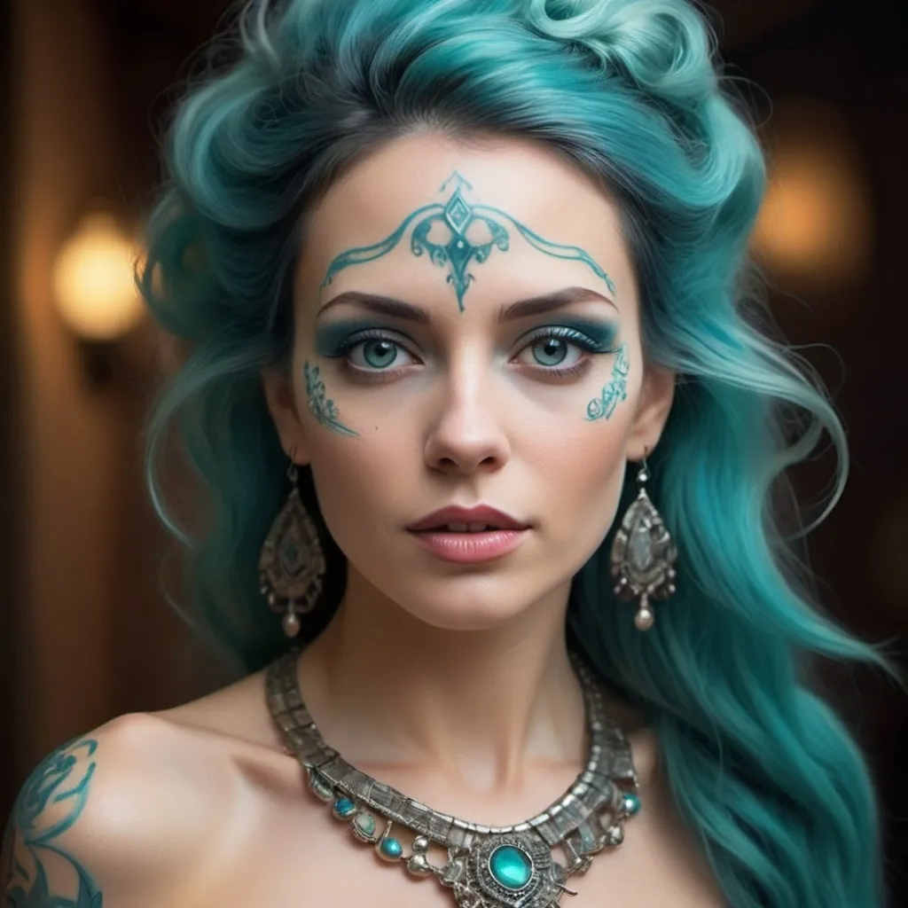 Prompt: Lila Vex is an ageless beauty that defies the boundaries of mortal understanding. Her hair is a kaleidoscope of colors, forever shifting from the deepest blues to fiery reds, reflecting the chaotic dance of the elements she commands. Her eyes are pools of liquid silver, mirroring the world with a sharp, piercing gaze. Her skin is an ethereal blend of moonlit alabaster and the palest shade of jade, hinting at her ancient lineage. Her body is toned and slender, with an athletic grace that belies her unearthly power. She often adorns herself with intricate tattoos that trace the patterns of swirling winds and crackling lightning, which seem to come alive and pulse with energy as she moves. Her attire is scanty, yet elegant, consisting of flowing, translucent garments made of a material not quite of this realm – it whispers around her form like the lightest of veils, revealing tantalizing glimpses of the power that lies beneath. Her outfit is adorned with gleaming metal accents that appear to be forged from the very essence of the elements themselves. Despite her minimal coverage, she radiates an aura of dignity and command that leaves no room for doubt or disrespect.