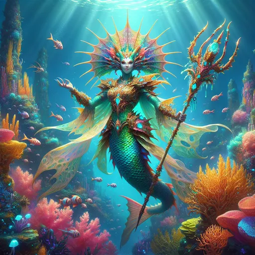 Prompt: The Coral Empress of the Deep
"A regal female Locathah, her scaled body shimmering with hues of turquoise, gold, and coral pink, stands amidst an underwater palace of vibrant coral spires and luminous seaweed. Her flowing, fin-like headdress and arm fins ripple gracefully in the ocean currents. She wears ornate armor crafted from polished shells and pearls, and in her hands, she wields a trident encrusted with glowing bioluminescent gems. Schools of radiant fish and jellyfish float around her as she commands the marine realm with a commanding gaze. Above her, shafts of sunlight pierce the ocean surface, casting dappled, magical light over her aquatic kingdom."