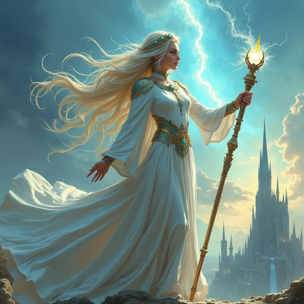 Prompt: "A regal female High Elf with flowing platinum-blonde hair adorned with a circlet of sapphire and gold, standing at the apex of a towering, crystalline spire. Her robes, a blend of shimmering white and iridescent silver, flow like liquid light as she channels an immense arcane spell. In her hands, she cradles a staff of pure diamond, its tip glowing with a pulsating orb that radiates celestial energy. The sky around her is painted with auroras of blue and gold, and below, an intricate city of alabaster and crystal reflects the brilliance of her magic. Her piercing emerald eyes shine with both wisdom and an unyielding determination."