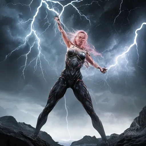 Prompt: Her muscles tensed as she began to channel the tempest's power, her body alight with a fierce, living lightning. The storm above mirrored the tumult within her, and she knew that if she did not find balance soon, she would become a destructive force unto herself.