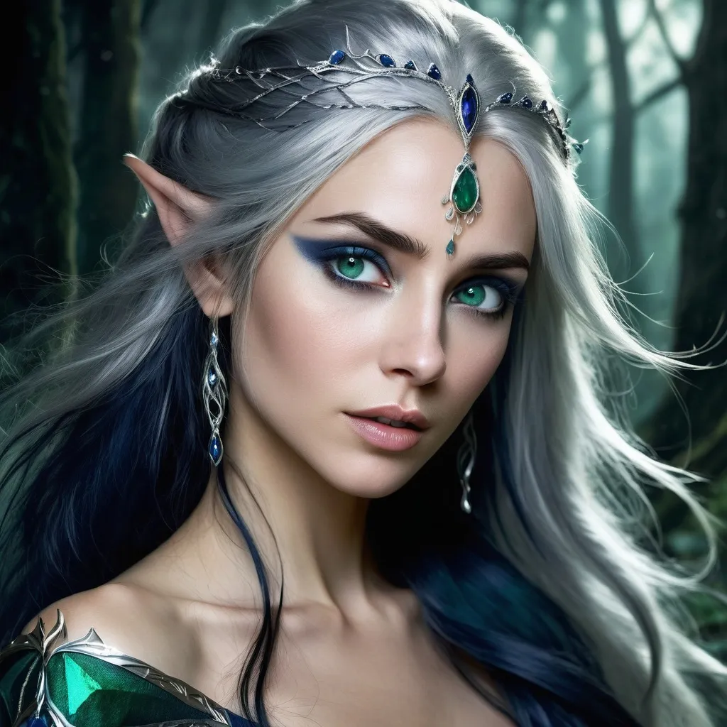 Prompt: Lyra is a breathtaking Eladrin with skin the color of moonlit silver, a stark contrast to the deep, midnight hue of her long, flowing hair. Her eyes, a mesmerizing swirl of emerald and sapphire, seem to hold the secrets of the Feywild within them. Her features are sharp and angular, yet they convey a softness that is almost ethereal. Her pointed ears, adorned with delicate silver studs, reach a graceful peak, framing her high cheekbones and full, slightly upturned lips that often form a knowing smile. She stands tall, with an athletic build that hints at her prowess in the ancient dance of combat known as the "Fey Ballet." Her slender frame is wrapped in a shimmering cloak of woven starlight, which leaves her arms and legs bare, revealing the intricate tattoos that trace the contours of her muscles—each one telling a story of her past battles and victories. Her attire is completed by a set of armor made from the petals of a legendary night-blooming flower, granting her protection without obscuring her grace. On her back, she carries a gleaming, transparent longbow, strung with the sinew of a starlit deer.