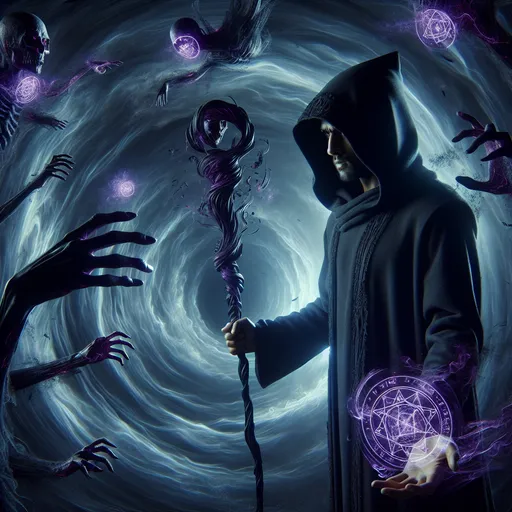 Prompt: "A hooded sorcerer stands at the heart of a cavernous realm shrouded in thick, impenetrable darkness. Around them, spectral hands reach out from the shadows, and glowing, violet glyphs float in the air, pulsing with dark energy. Their staff, a twisted branch of obsidian, radiates a soft, ominous light that illuminates the swirling void."