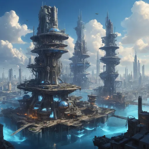 Prompt: Arcane Forge of the Skyborne City
"High above a sprawling, futuristic city built on floating islands, a colossal forge sits at the heart of an industrial district suspended on its own island. The forge glows with intense blue fire, its chimneys releasing streams of sparkling, harmless smoke into the bright sky. Around it, workers and automatons clad in sleek metallic suits move with precision, hammering enchanted weapons and tools. Massive, glowing runes circle the forge, pulsing with energy as if feeding its power. Below, the city is a maze of glittering towers and flowing skybridges, bustling with life. The mood is dynamic and wondrous, highlighting the intricate balance of technology and magic."