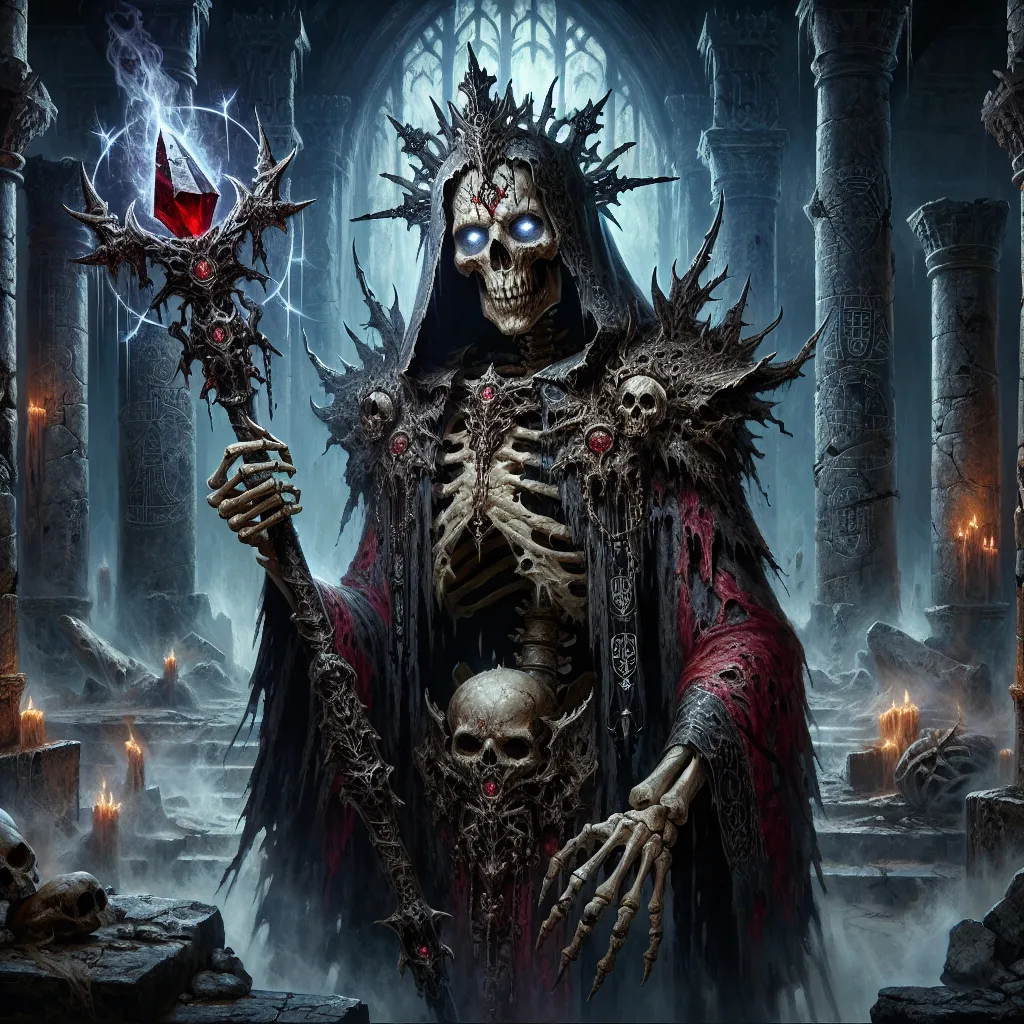 Prompt: "A male lich stands at the center of a crumbling, desecrated throne room, his gaunt, skeletal form emanating an aura of dark magic and timeless malice. His hollow eyes burn with an eerie, icy-blue light, and his withered flesh clings tightly to his bones, etched with glowing necromantic runes. He wears an ornate, tattered robe of deep crimson and black, adorned with tarnished gold filigree and the faint glimmer of embedded soulstones. A jagged, black iron crown rests upon his brow, pulsating faintly with an unnatural energy. In his bony hand, he wields a twisted staff topped with a glowing, malevolent crystal that pulses with eldritch power, its light casting sinister shadows across the room. Around him, the remnants of his court lie in ruin: shattered pillars, faded banners bearing his sigil, and the bones of those who dared defy him. Wisps of spectral energy coil through the air, and faint whispers of tormented souls echo in the oppressive silence. The atmosphere exudes dread, his presence an embodiment of death, tyranny, and immortality through forbidden magic."