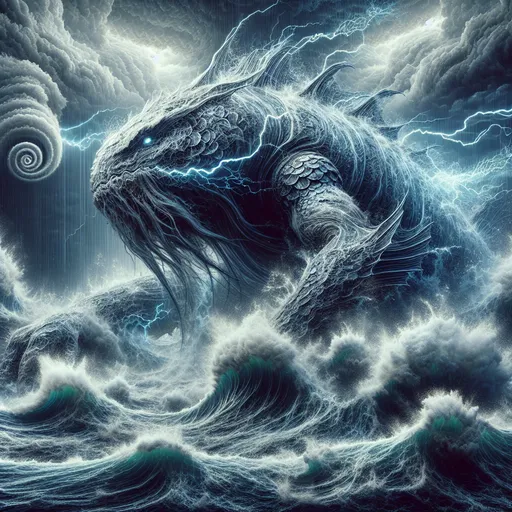 Prompt: "A massive sea creature rises from a turbulent ocean, its scales glowing with arcs of lightning. Its eyes burn with ancient intelligence, and storm clouds churn above it, casting the seas into chaos. Around its massive form, whirlpools and tidal waves surge, obeying the creature’s every command as it dominates the stormy waters."