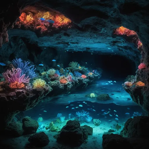 Prompt: Oceanic Bioluminescent Cavern
"A hidden underwater cavern illuminated by glowing bioluminescent corals and marine life. The water is crystal clear, revealing schools of vibrant, otherworldly fish swimming among intricate coral structures. In the center of the cavern, a glowing, pulsating orb rests on a pedestal of natural rock, casting rippling light across the cave walls. A diver approaches cautiously, their flashlight adding a sharp beam to the mystical scene. The atmosphere is serene and mysterious, with hyper-detailed aquatic elements and luminous effects."