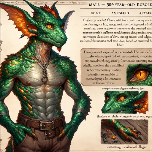 Prompt: Male, 50-year-old kobold, emerald scales, fiery red-orange edges, lean muscular build, 3'4" tall, molten gold eyes, sharp wit, expressive tail, scar from left eye to jaw, pointed ears, nimble clawed hands and feet, metalworking expert, volcanic lair upbringing, daring explorer, allied with dwarves, diplomat, trader, Emberclaw Tribe, unique alloy creator, curious nature, youthful appearance, moonlit shimmer, cunning gaze.