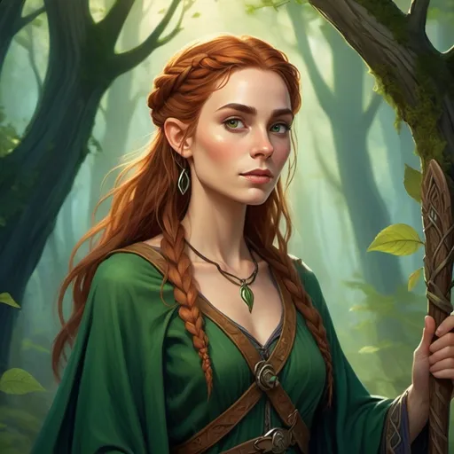 Prompt: "A striking female half-elf with sun-kissed skin and chestnut hair braided with wildflowers, standing amidst an ancient grove bathed in the warm glow of twilight. Her piercing hazel eyes glimmer with both elven grace and human determination. She wears a leather tunic adorned with intricate carvings of vines and leaves, paired with a cloak that shimmers like a fading sunset. In one hand, she holds a curved, enchanted scimitar that glows faintly green, and in the other, a wooden talisman carved with druidic runes. Around her, the grove seems alive — trees sway gently as glowing wisps of light float through the air, casting an otherworldly aura over the sacred space."