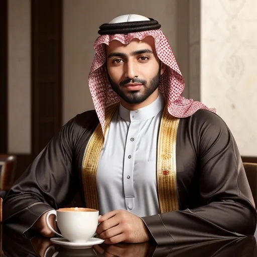 Prompt: arabian man, early 30s, wavy dark hair, intense hazel eyes, wearing a thobe, silver chain around neck, enjoying coffee in a bustling café, close up