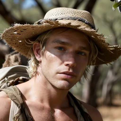 Prompt: outback man, late 20s, sun-bleached hair, wearing a bush hat, in a rugged wilderness, hopping kangaroo hopping by, close up