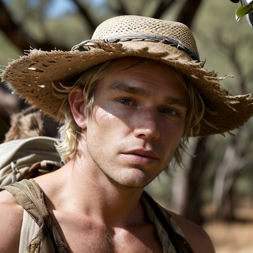 Prompt: outback man, late 20s, sun-bleached hair, wearing a bush hat, in a rugged wilderness, hopping kangaroo hopping by, close up