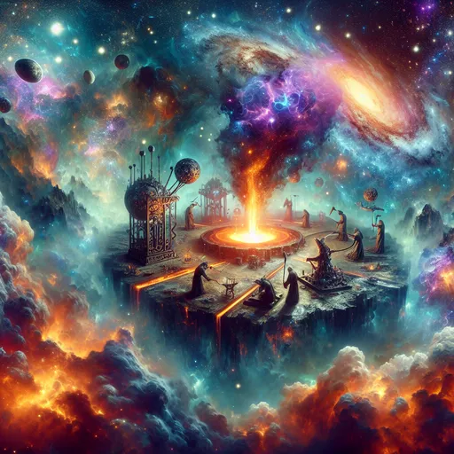 Prompt: "An ancient forge floating in the heart of a nebula, where celestial smiths craft weapons of immense power. The forge is surrounded by swirling clouds of stardust and glowing fragments of shattered planets. In the center, a molten core burns brighter than the stars, casting vibrant, multicolored light across an array of otherworldly tools and artifacts."