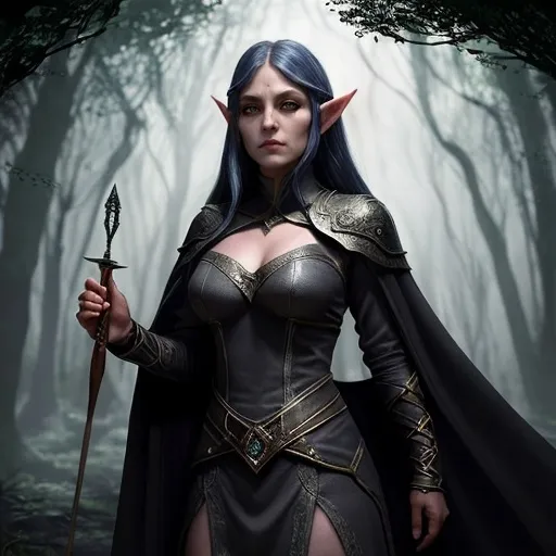 Prompt: Liarael hails from the ancient elven city of El'Velara, nestled within the heart of the Whispering Woods. Born into a lineage of elven spymasters, she was raised with the art of deception and stealth as second nature. Her early life was spent mastering the ancient texts of shadow magic and honing her skills as an illusionist. At the age of 1000, she was sent on a mission to infiltrate a drow city to retrieve a stolen artifact. Her successful endeavor earned her the title of "Shadowmirth" and a place in elven legend. Since then, she has become a wandering agent of her people, using her talents to protect the Woods from threats both within and without.

Her travels have led her across the realms, working with rogues and royalty alike. She's crossed swords with the dark elves of the Underdark, whispered secrets to dragons in their lairs, and danced with the fey in their moonlit revels. The knowledge she has gathered is vast and varied, as is the collection of enemies she has made along the way. Yet, she remains as enigmatic as the shadows she commands, her true motives known only to those who dare to get close enough. Her past is a tapestry of shadows and lies, woven so intricately that it's impossible to discern the truth from the fabrications.