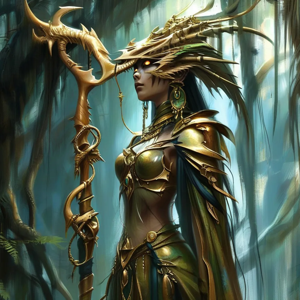 Prompt: Ss'thara Ss'kara is a majestic Lizardmen warrior queen, standing tall at a formidable height of 8 feet. Her scales shimmer in an intricate pattern of emerald greens and gilded golds, reflecting the sunlight that filters through the dense canopy of the ancient swamp she calls home. Her eyes, the color of molten amber, are sharp and piercing, capable of spotting prey from great distances. A regal crest of azure scales runs from her forehead to the base of her neck, signifying her royal lineage. Her tail, a powerful and versatile tool, is adorned with gleaming gold and jewel-encrusted rings, each telling a story of her valorous battles. Her muscular physique is a testament to her prowess in combat, yet she moves with an unmatched grace that belies her deadly capabilities. Ss'thara wields a weapon of ancient design: a ceremonial staff forged from the bone of a colossal swamp dragon, intricately carved and inlaid with precious materials, symbolizing her status as both a fierce protector and a wise leader. Her attire is minimalistic yet elegant, consisting of strategically placed armor plates made from the same dragon's scales, leaving most of her lithe body uncovered to showcase her natural armor and the battle-scarred history etched upon her. Her long, clawed fingers and toes end in sharp, gleaming talons that she keeps meticulously maintained. Her face, while reptilian, holds an unexpected softness to it, with delicate ridges framing her high cheekbones and a set of sharp, yet sensual, lips that can curve into a comforting smile or a terrifying snarl. Her movements exude an aura of both nobility and primal power.