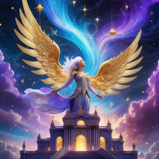 Prompt: Background: A celestial palace floating amidst swirling nebulae of vibrant blues, purples, and golds, with constellations glowing in the distance.
Action: A luminous angelic-figure with cascading silver hair and radiant golden wings descends from the palace, holding an org of pure starlight.
Render Style: Hyper-realistic with intricate textures, glowing effects, and a surreal palette.
Theme: Divine beauty and cosmic power.