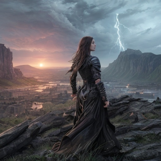 Prompt: The two planeswalkers stood atop a hill overlooking the nascent city, a bastion of hope amidst the scarred landscape. The tempest within Leona's chest swelled with a fierce love for this newfound kinship, a bond forged in the crucible of battle. Yet, she knew that her path was not to linger in one place, but to wander the vast expanses of the Multiverse, bringing the storm's wrath and mercy wherever it was needed.