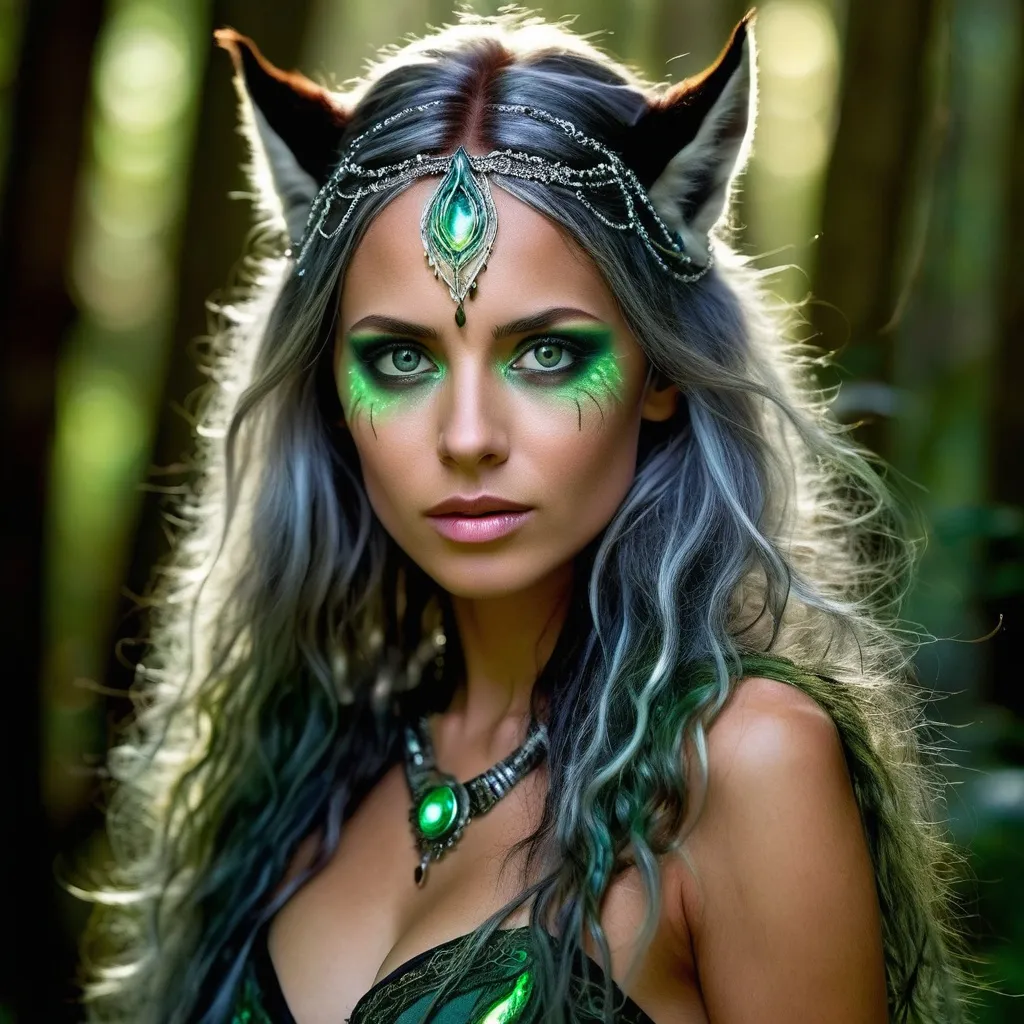 Prompt: Lysara Moonshadow is a vision of ethereal beauty, with skin that seems to glow with the light of the moon and a mane of hair that cascades down her back in a wild tapestry of greens and silvers, reflecting the myriad shades of the forest. Her eyes, a piercing amber, hold the ancient wisdom of the earth and the fiery spirit of a predator. They are ever-watchful, hinting at the boundless power she commands as a high priestess of the natural world. Her features are sharp and defined, yet softened by the gentle curve of her cheekbones and the warmth of her smile, which reveals dimples and slightly pointed canines—a subtle reminder of her elven heritage.

Her lithe frame is adorned with intricate tattoos that flow over her skin like vines, each inked leaf and bloom telling a story of her deep connection with the flora and fauna. Her garb is a harmonious blend of natural materials: leaves, vines, and feathers, woven together to form a garment that seems more a part of her than mere clothing. It shifts and changes color with the seasons, mirroring the ever-changing palette of the forest that is her domain. Around her neck hangs a necklace of crystals and teeth, remnants of battles won and lessons learned, and at her side rests a staff, carved from the heart of an ancient oak, that thrums with the vital energy of the earth itself.